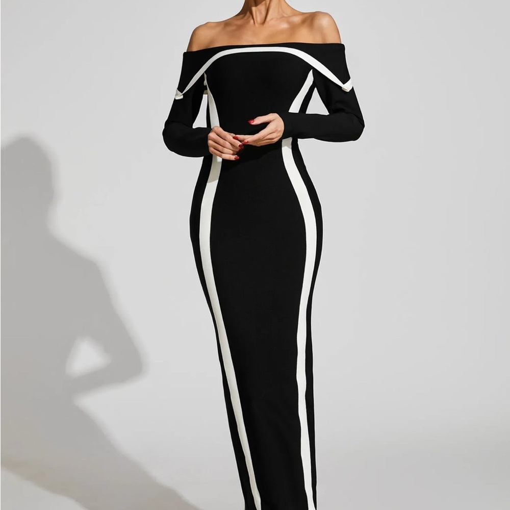 Chic Off-Shoulder Black and White Long Sleeve Dress